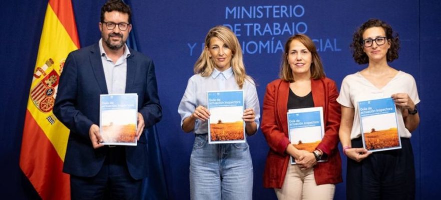 Yolanda Díaz en la presentación del Plan Estival 2025 de protección frente al estrés térmico en el trabajo. Fuente: Ministerio de Trabajo