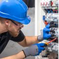 Electricista trabajando en un cuadro eléctrico con un cable de conexión. Magnific